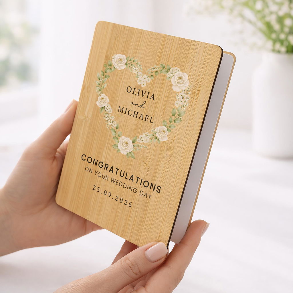 Personalised White Rose Heart Mr & Mrs Wedding Day Card Bamboo Wood Keepsake