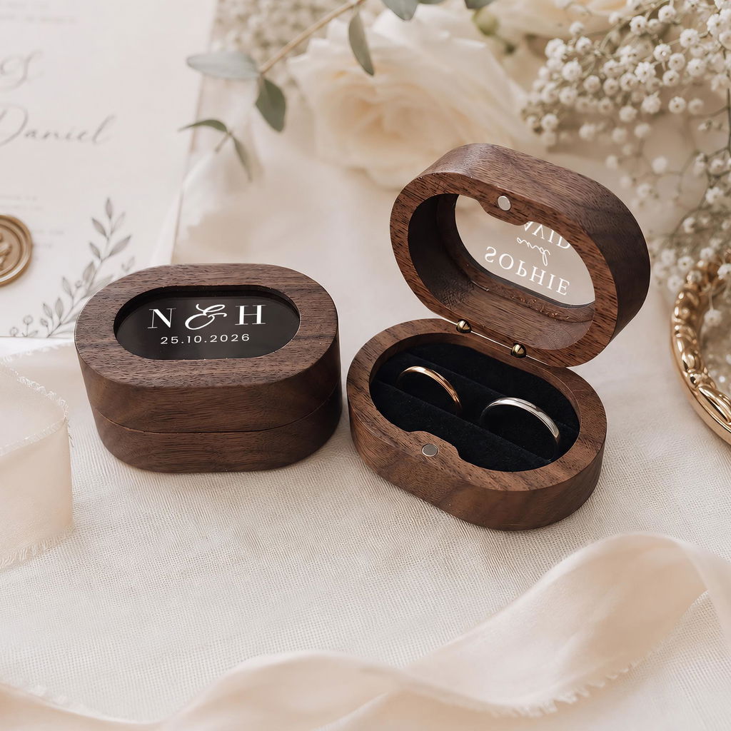 Personalised Walnut Wood Wedding Oval Ring Bearer Box Double Slot