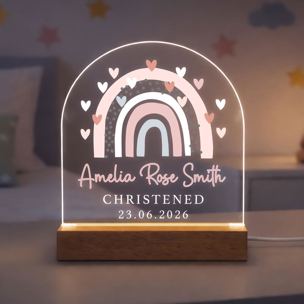 Personalised Rainbow Heart LED Night Light Christening Lamp for Godson/Goddaughter