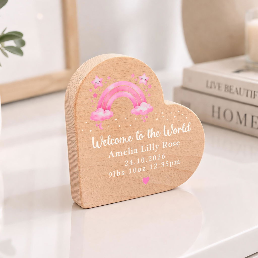 Personalised New Baby Boy Rainbow Welcome to the World Newborn Beech Wood Block