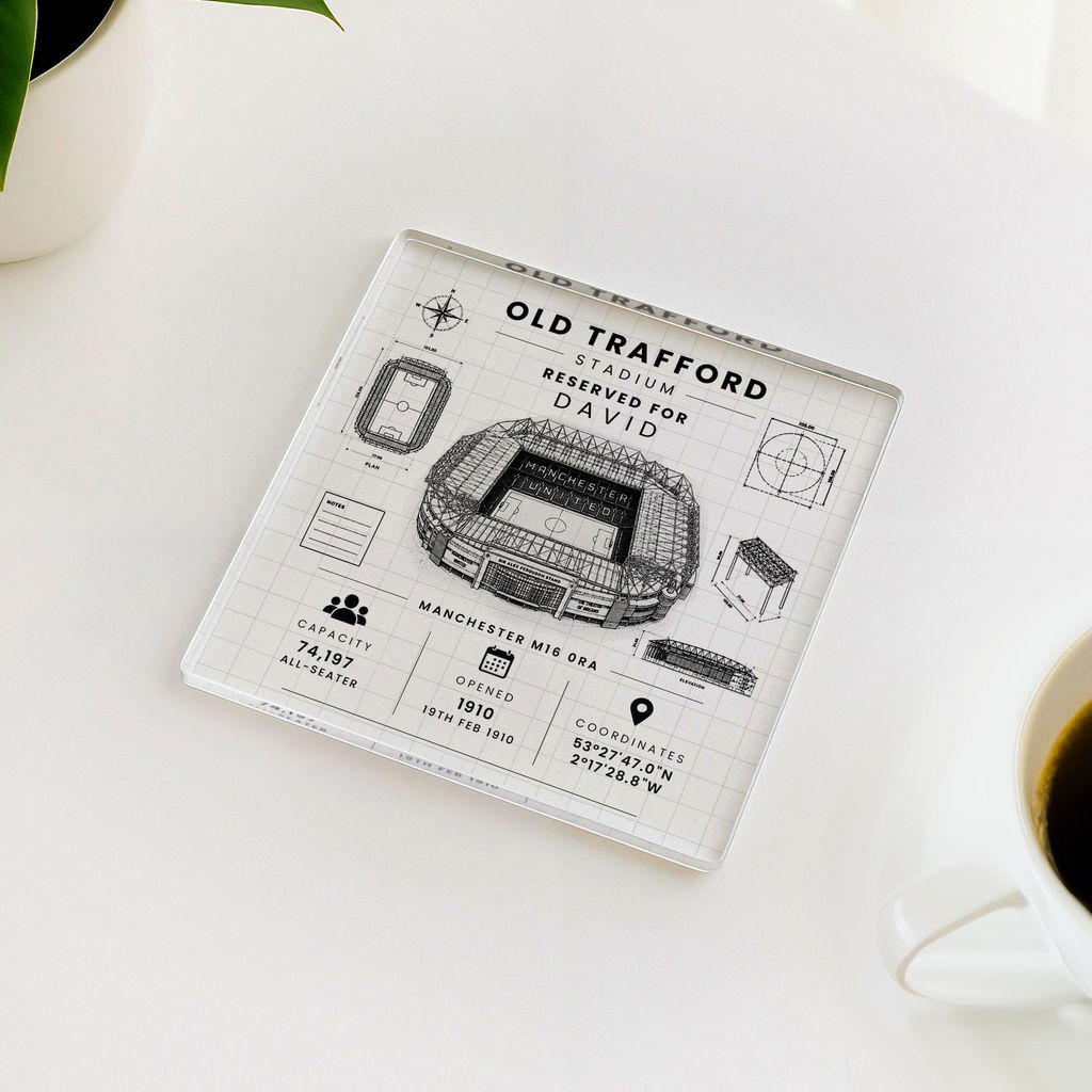 Personalised Man Utd Old Trafford Stadium Coaster Vintage Blueprint Birthday Gift for Him