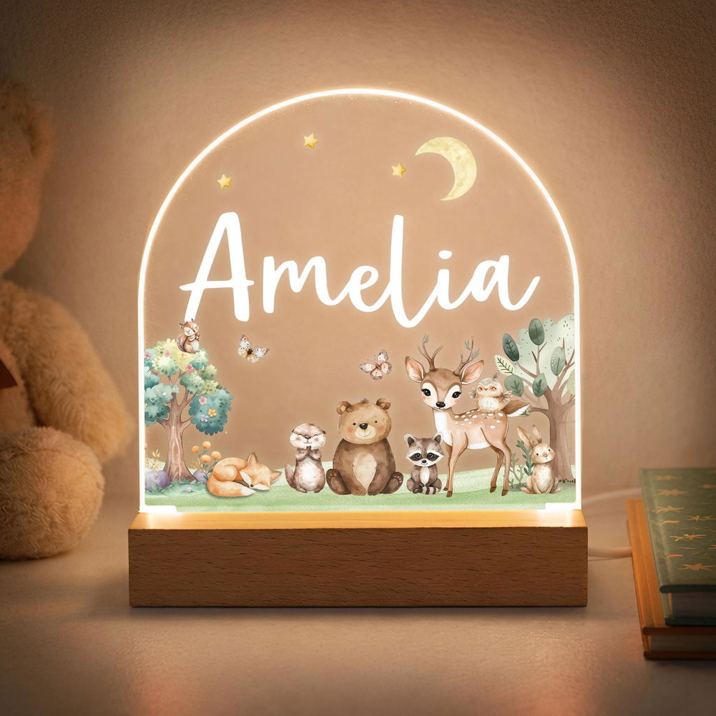 Personalised LED Woodland Animals Kids Babies Night Light