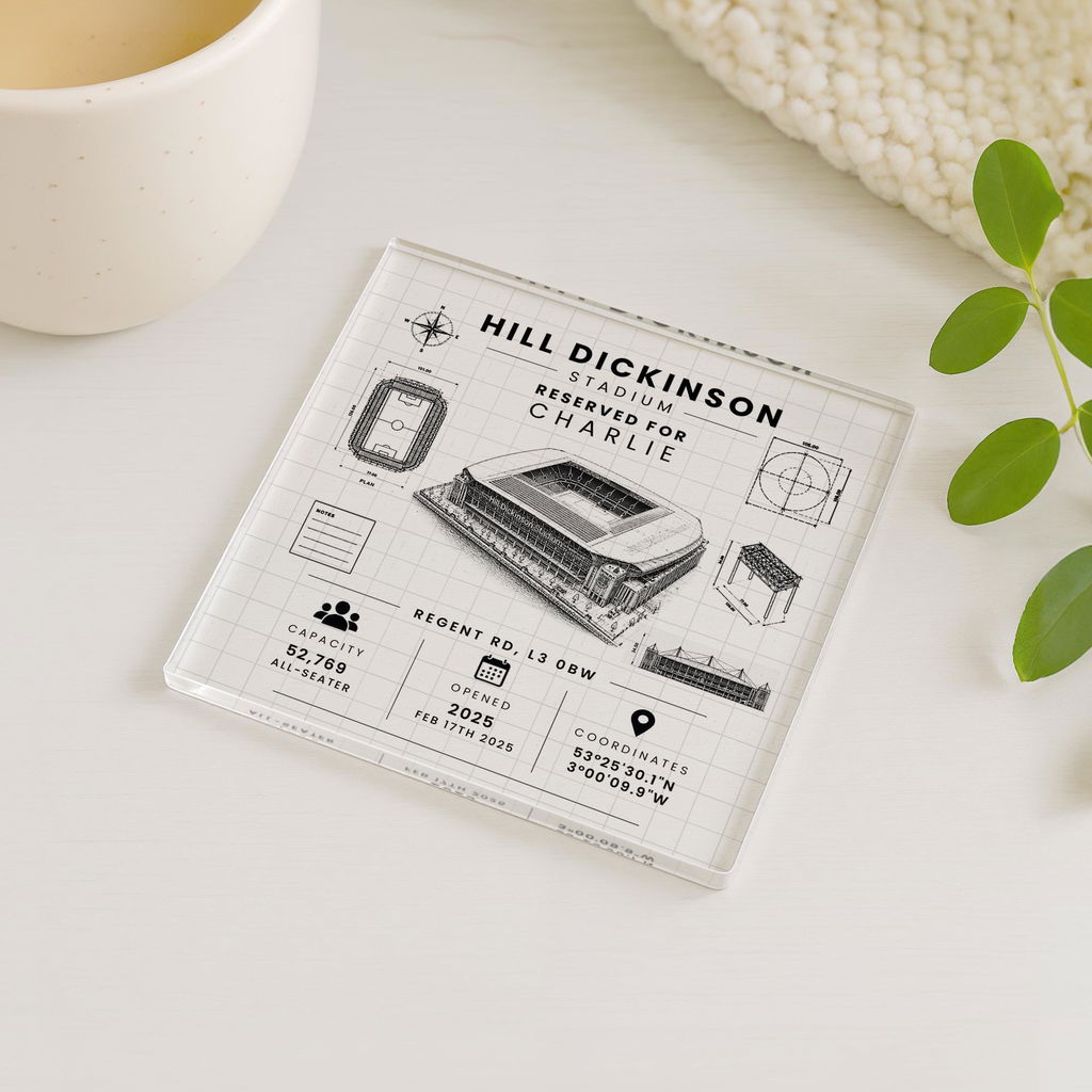 Personalised Everton Hill Dickinson Stadium Coaster Vintage Blueprint Birthday Gift for Him