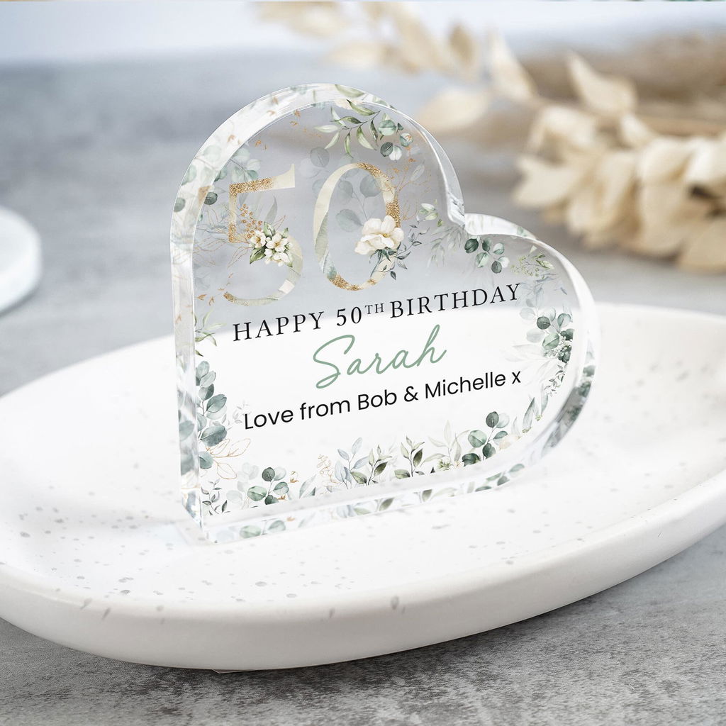 Personalised Floral Eucalyptus Happy 50th Birthday Heart Gift Plaque