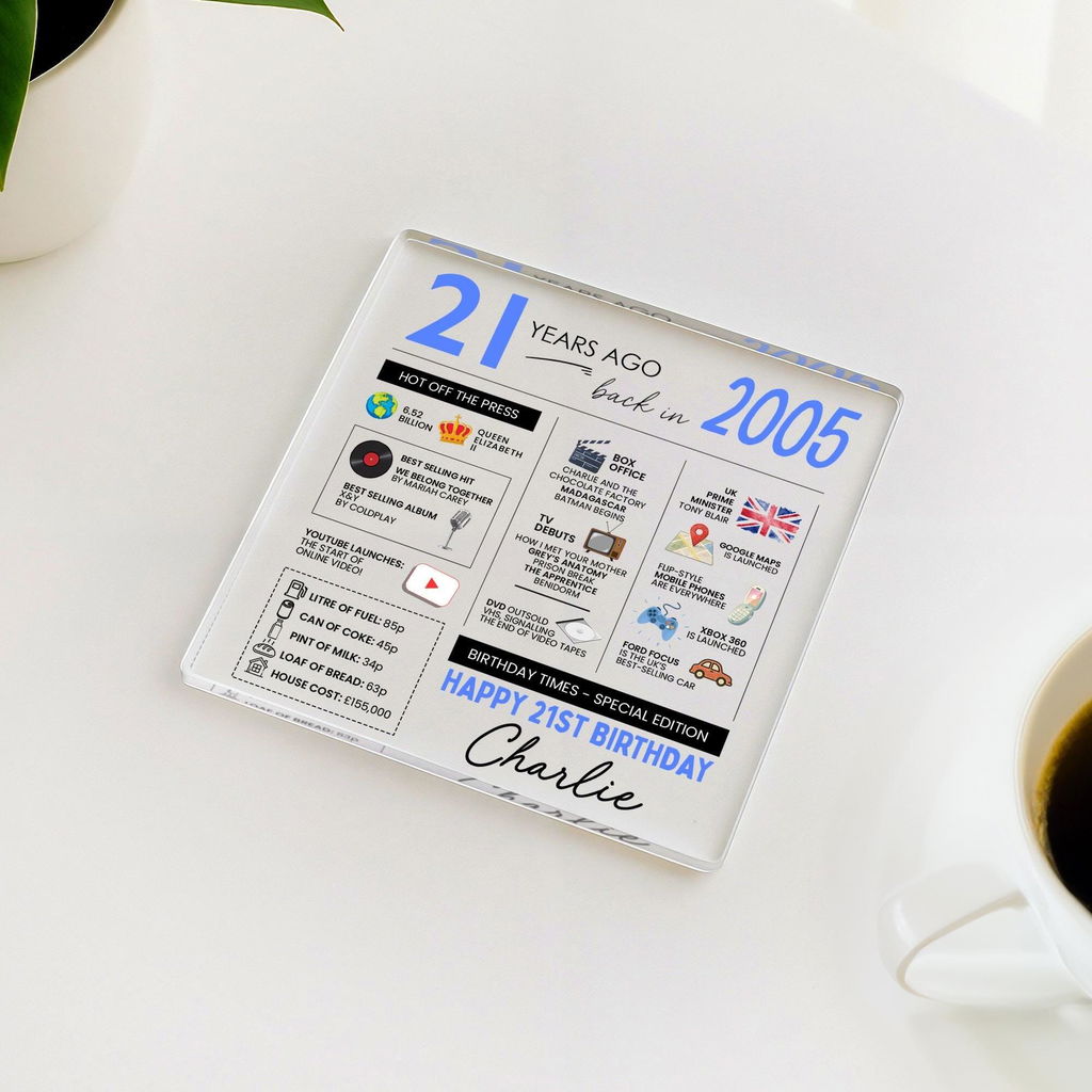 Personalised 21st Birthday Coaster 2005 Fun Facts Gift