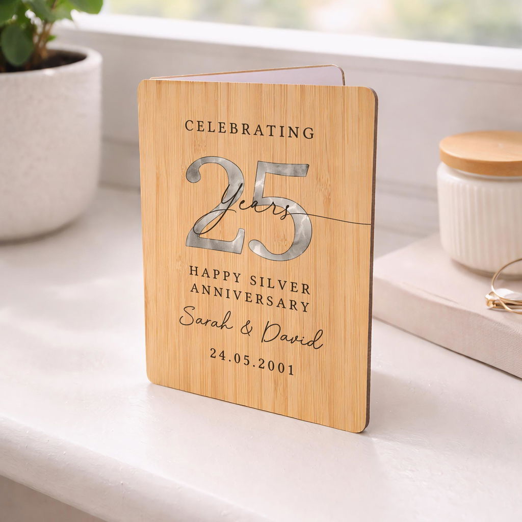 Personalised Silver 25th Anniversary Card Wooden Bamboo Keepsake
