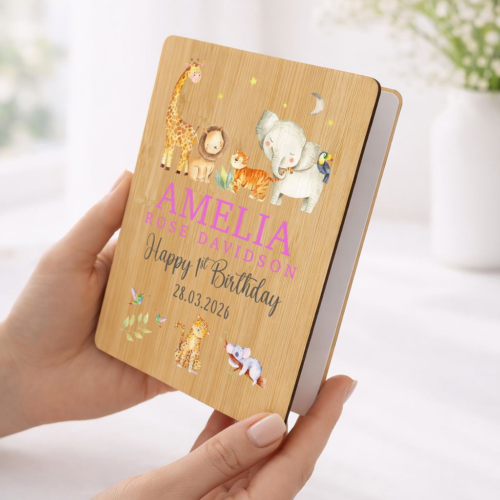 Personalised Safari Animals 1st Birthday Card Wooden Keepsake