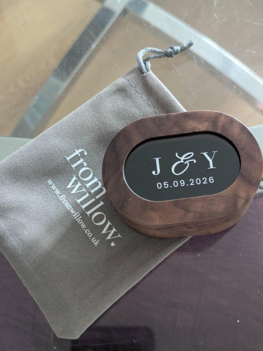 Personalised Walnut Wood Wedding Oval Ring Bearer Box Double Slot