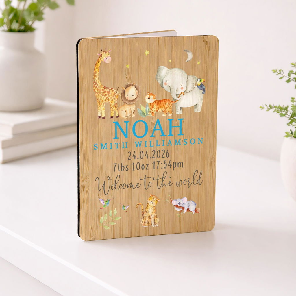 Personalised Safari Animals New Baby Keepsake Wooden Card