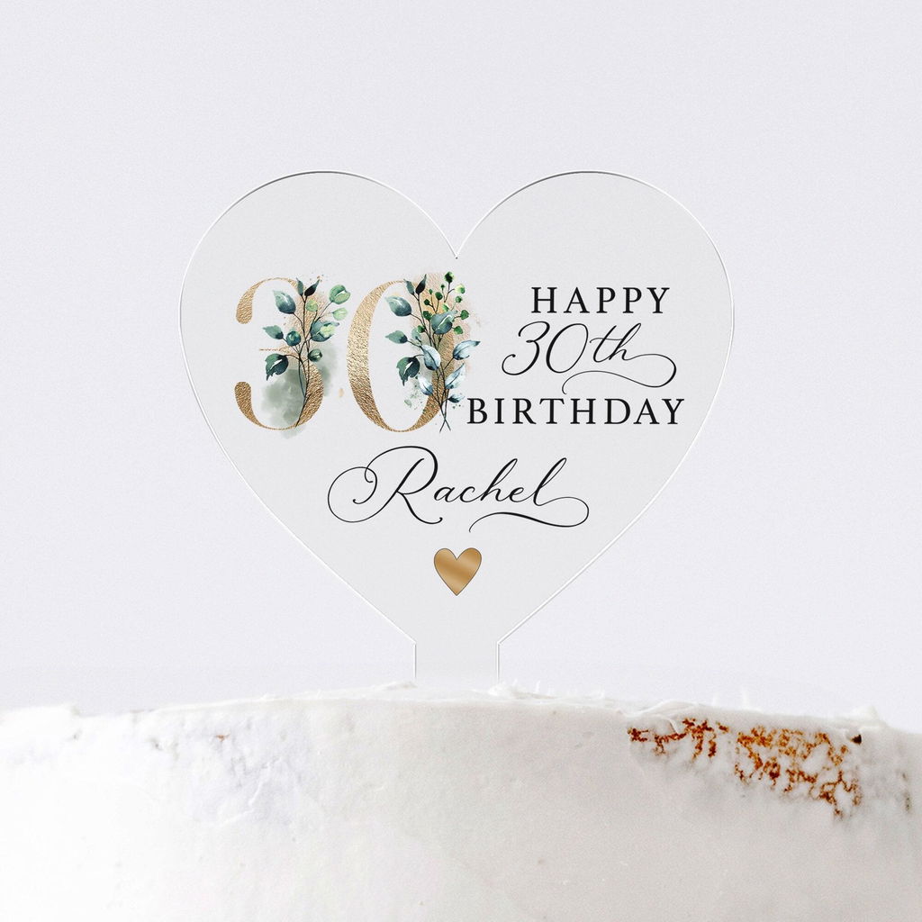 Personalised Gold Floral Number Happy Birthday Heart Cake Topper - 18th 21st 30th 40th 50th 60th