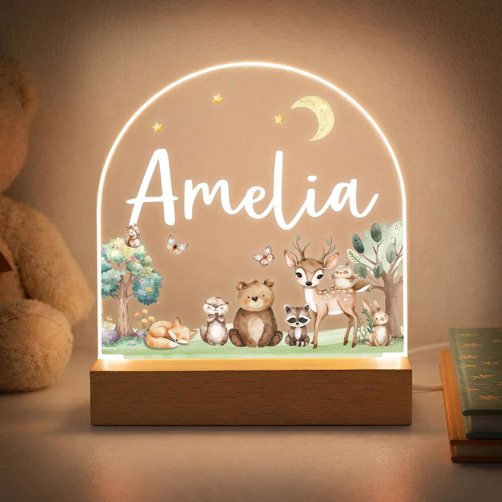 Personalised LED Woodland Animals Kids Babies Night Light