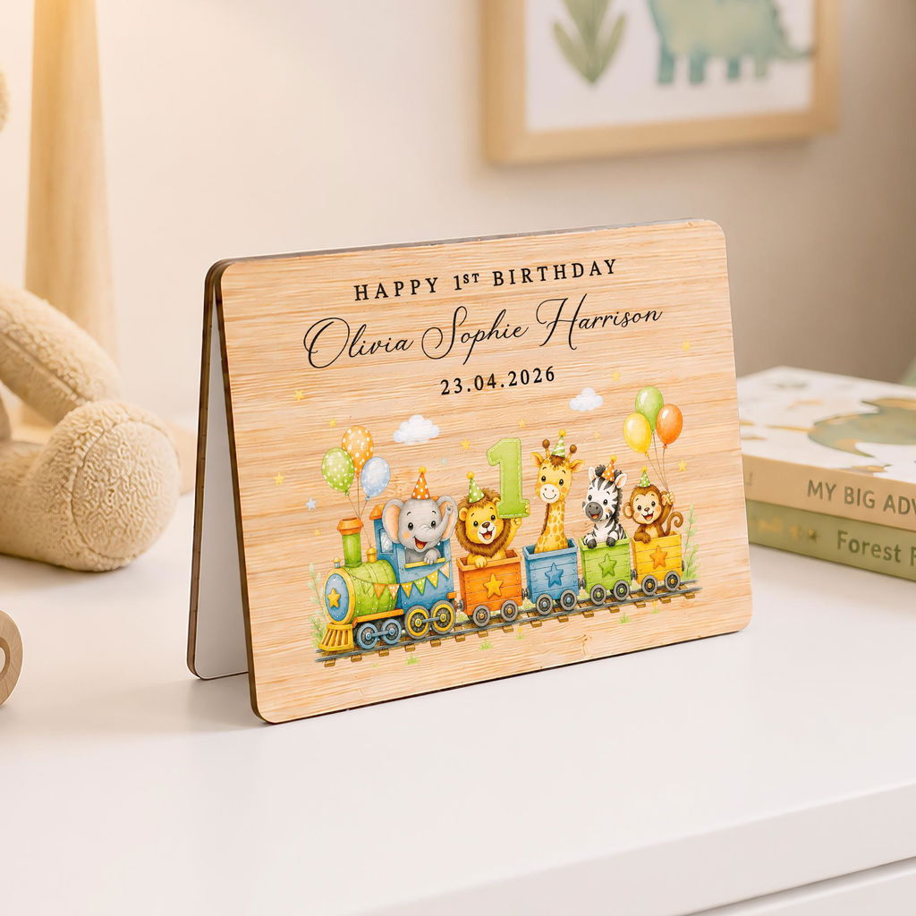 Personalised Train Safari Animals 1st Birthday Card Wooden Keepsake
