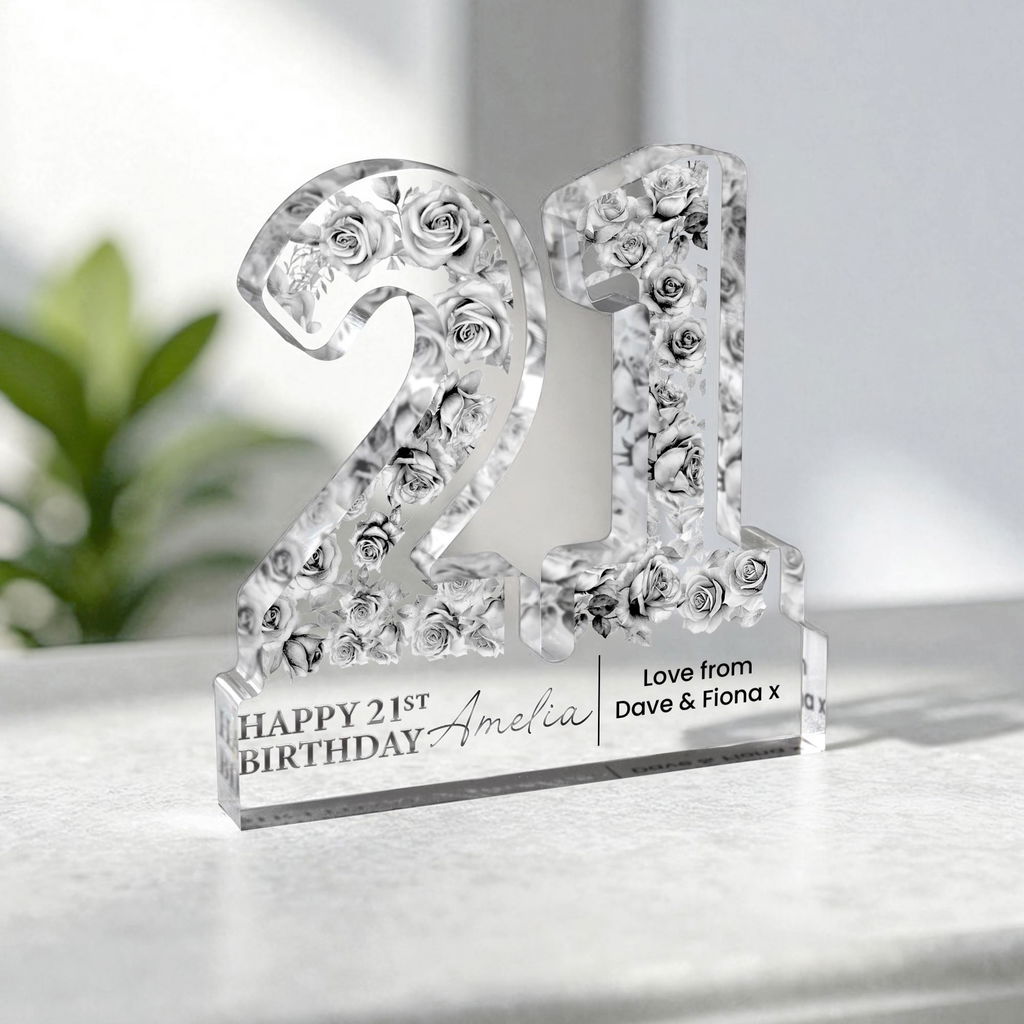 Personalised Freestanding 21st Birthday Gift Plaque - Silver Floral