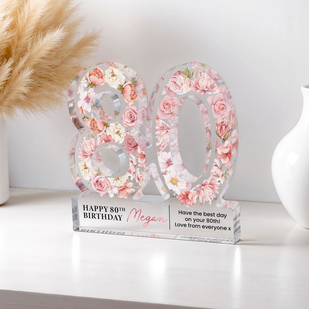 Personalised Pink Floral 80th Birthday Gift Plaque