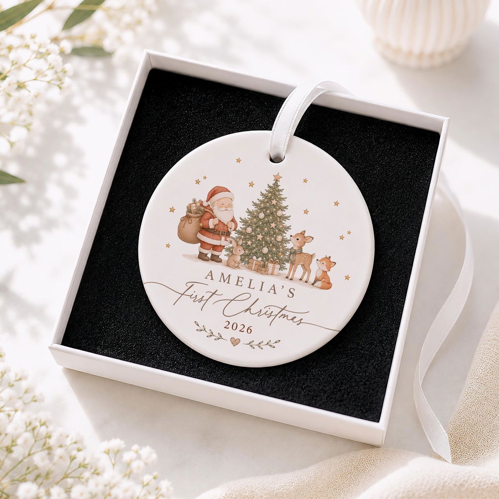 Personalised Santa Woodland Animals Baby's First Christmas Bauble