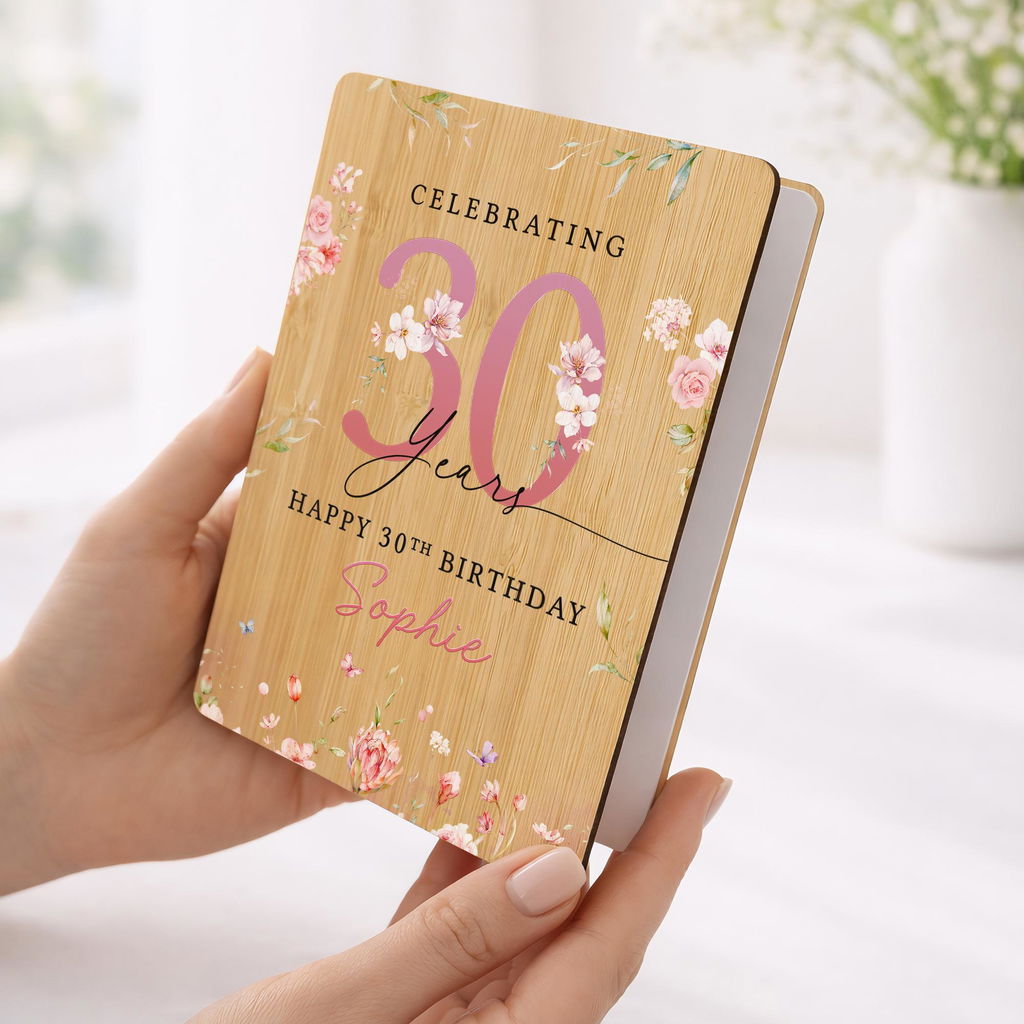 Personalised Pink Floral 30th Birthday Card Wooden Keepsake
