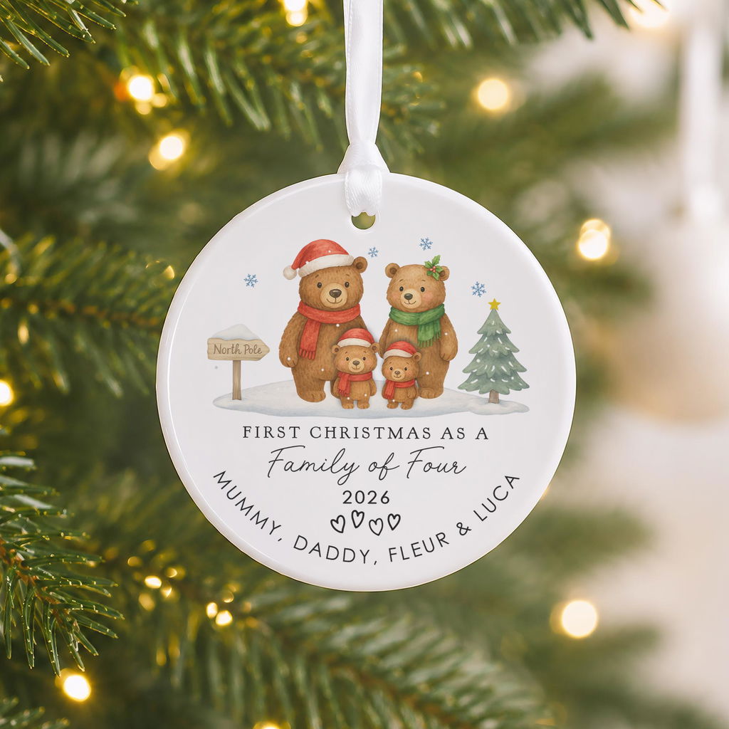 Personalised Baby Bear Family First Christmas as Family of 4 Ceramic Tree Ornament