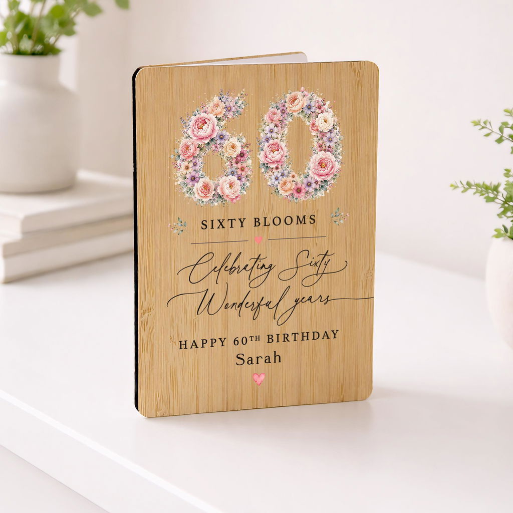 Personalised Pink Rose Flower 60th Birthday Card Wooden Keepsake for 60 Years