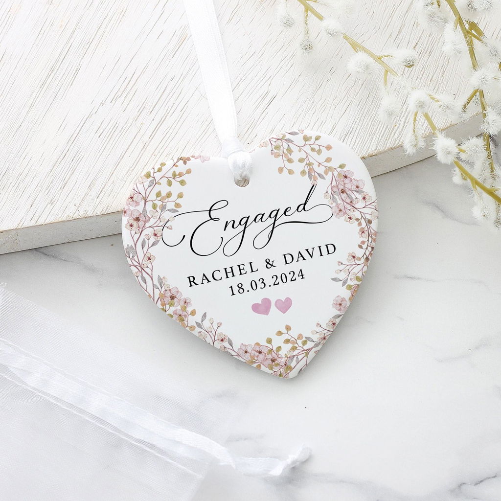 Personalised Pink Floral Engagement Heart Keepsake Ornament