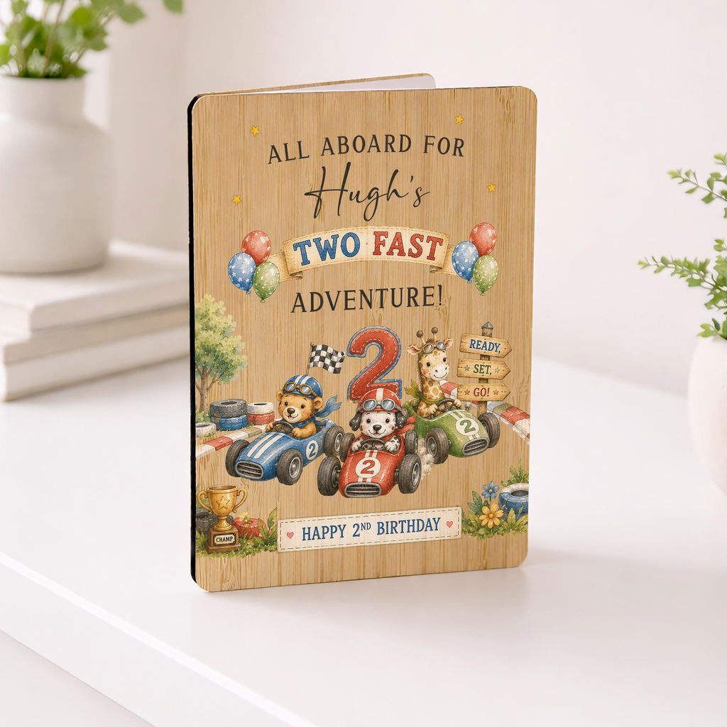 Personalised 2nd Birthday Two Fast Racing Animals Wooden Card