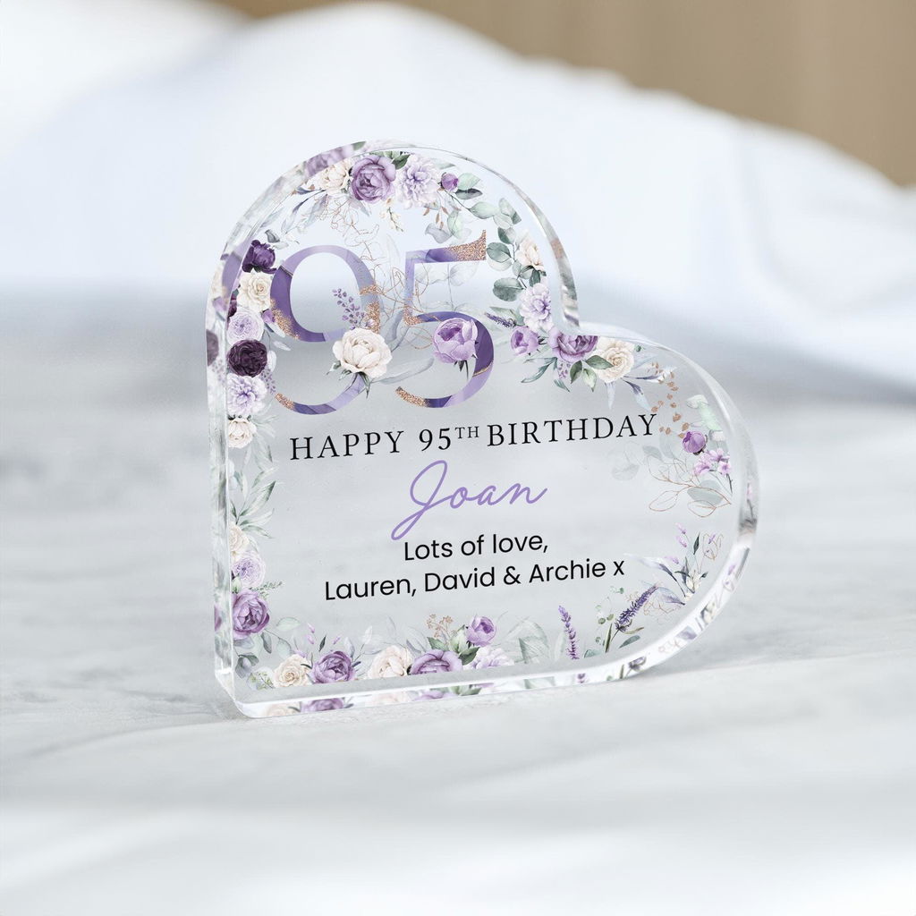Personalised Purple Floral Happy 95th Birthday Gift Heart Plaque