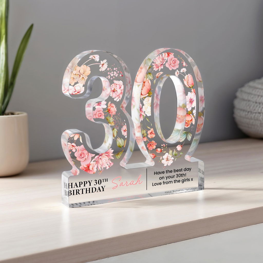 Personalised Pink Floral 30th Birthday Gift Ornament Plaque
