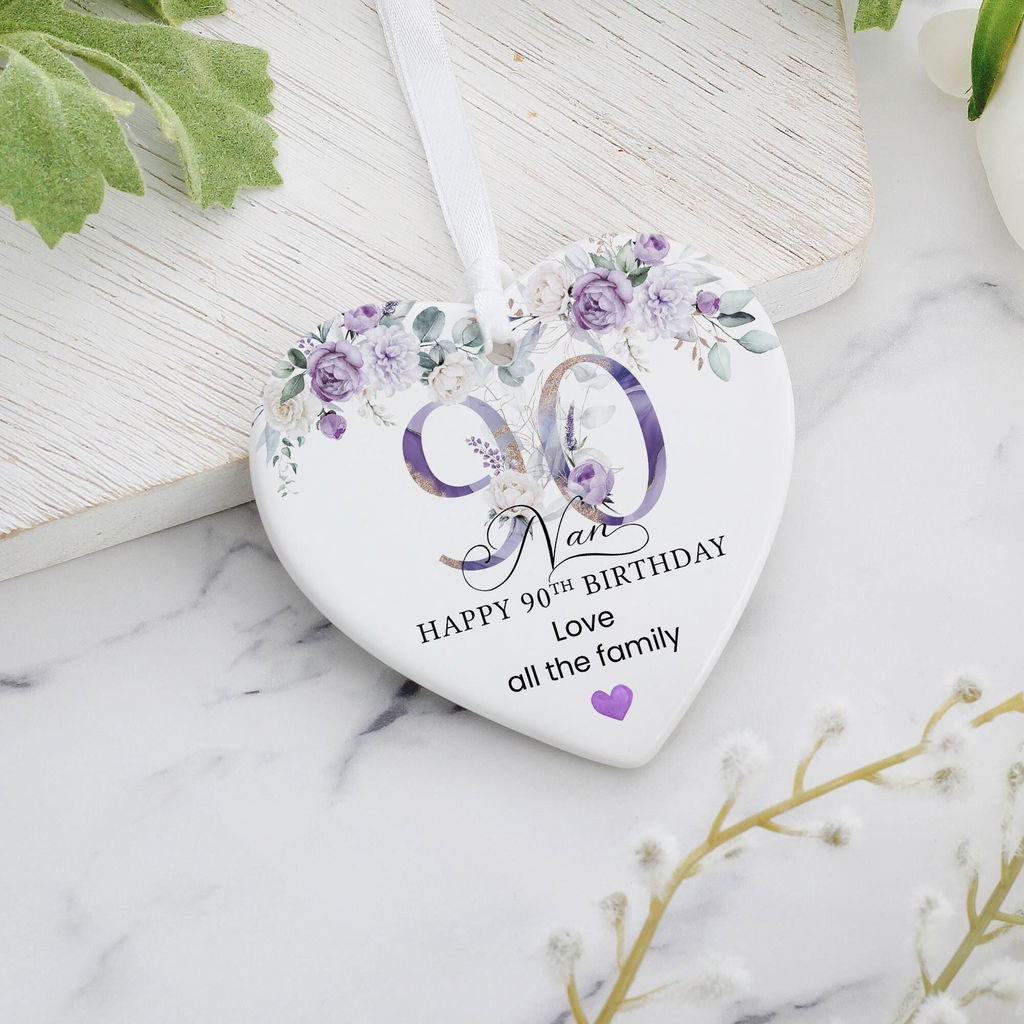 Personalised Purple Floral Happy 90th Birthday Heart Ceramic Keepsake