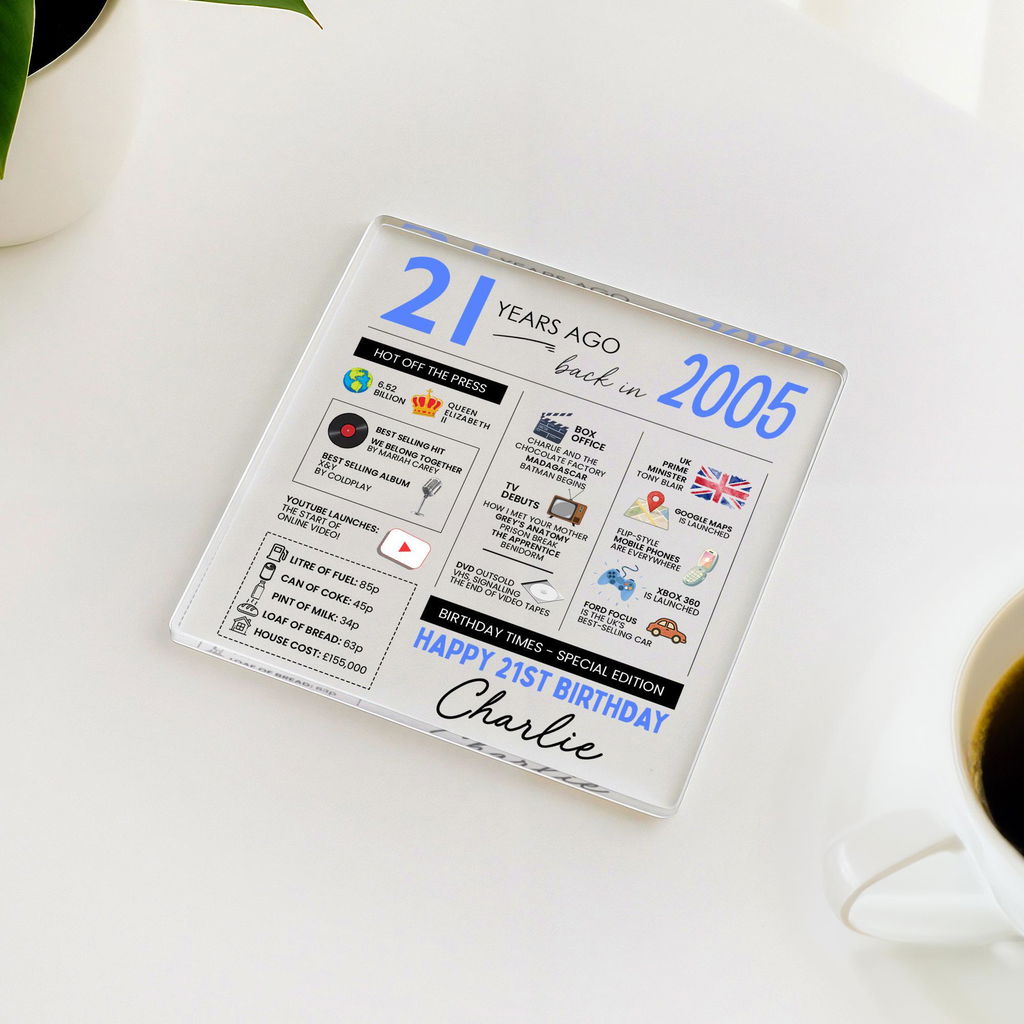 Personalised 21st Birthday Coaster 2005 Fun Facts Gift