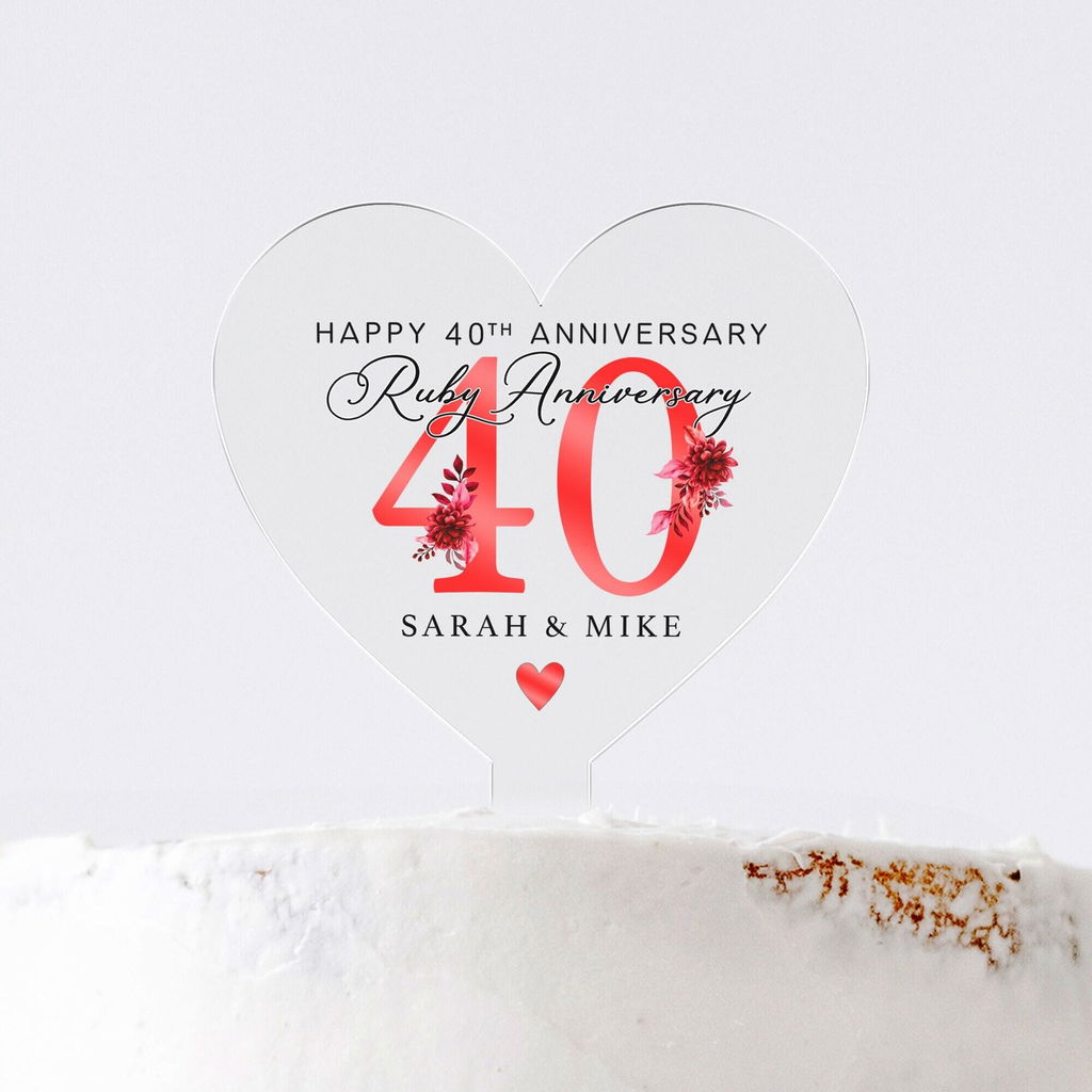 Personalised Ruby Floral 40th Anniversary Cake Topper - Ruby Anniversary