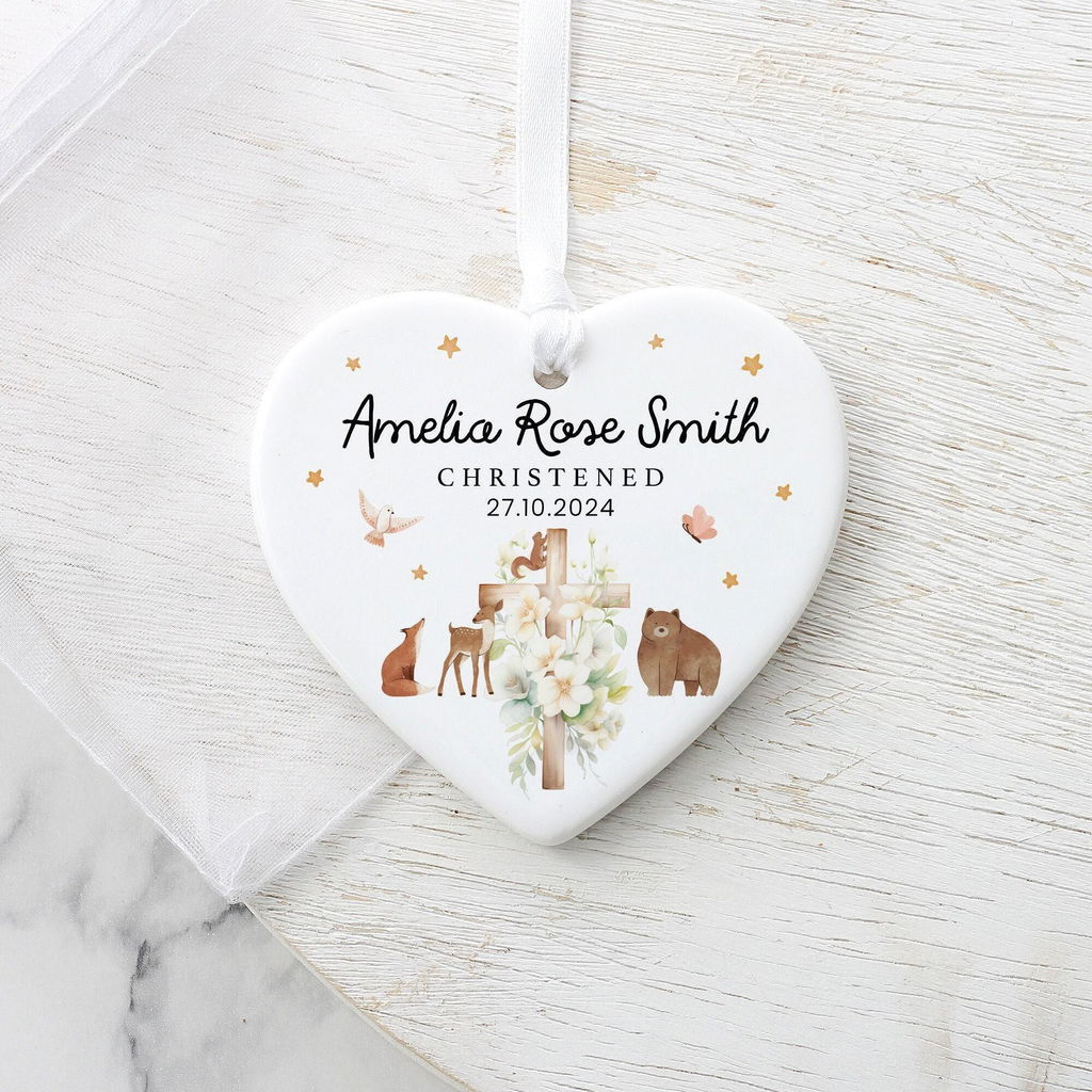 Personalised Woodland Christening Baptisn Heart Keepsake Ornament