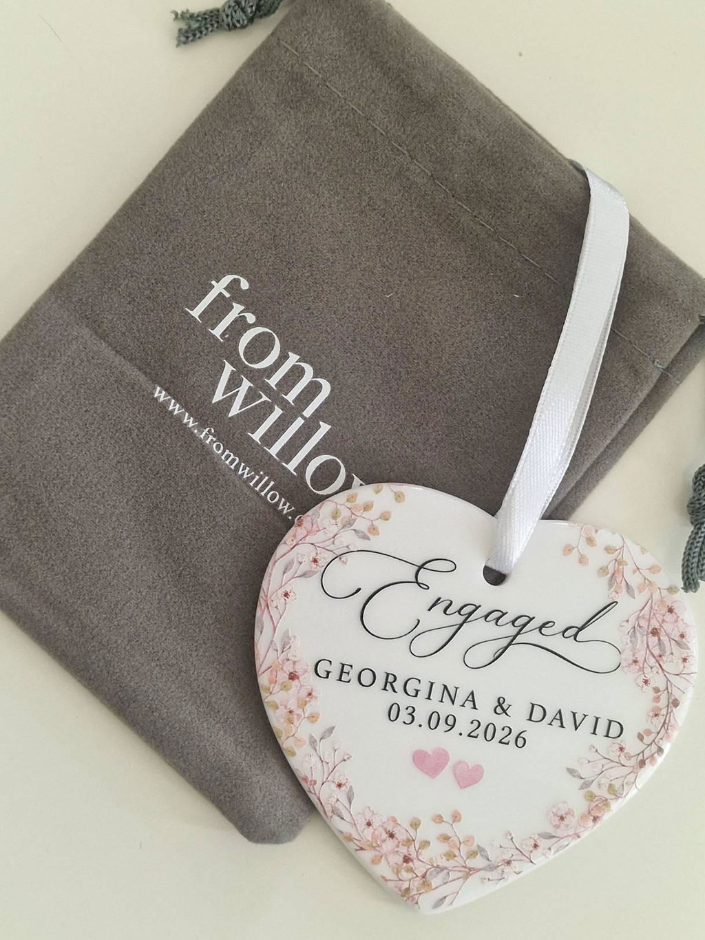 Personalised Pink Floral Engagement Heart Keepsake Ornament