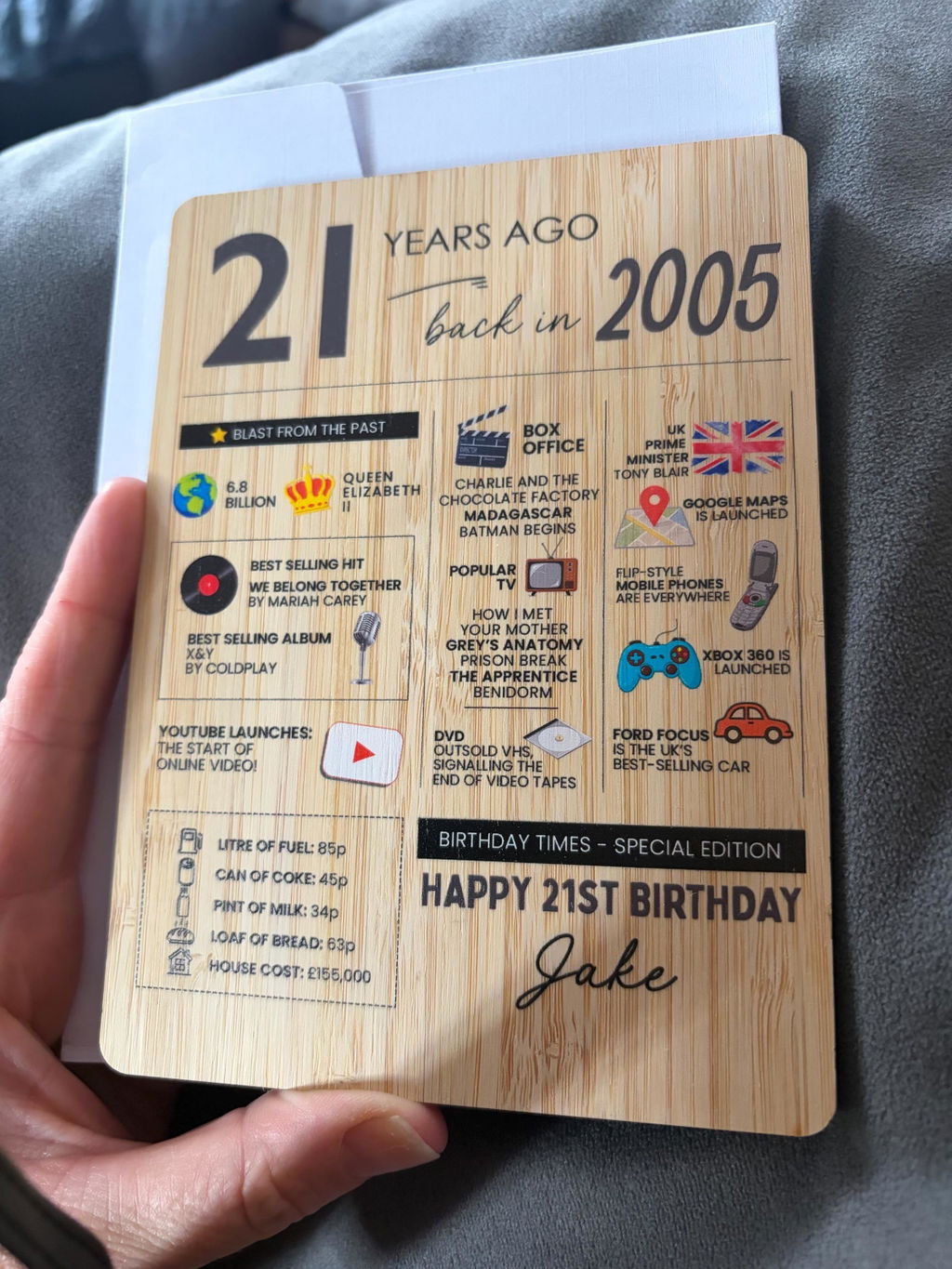 Personalised Born in 2005 Fun Facts 21st Birthday Card Wooden Keepsake