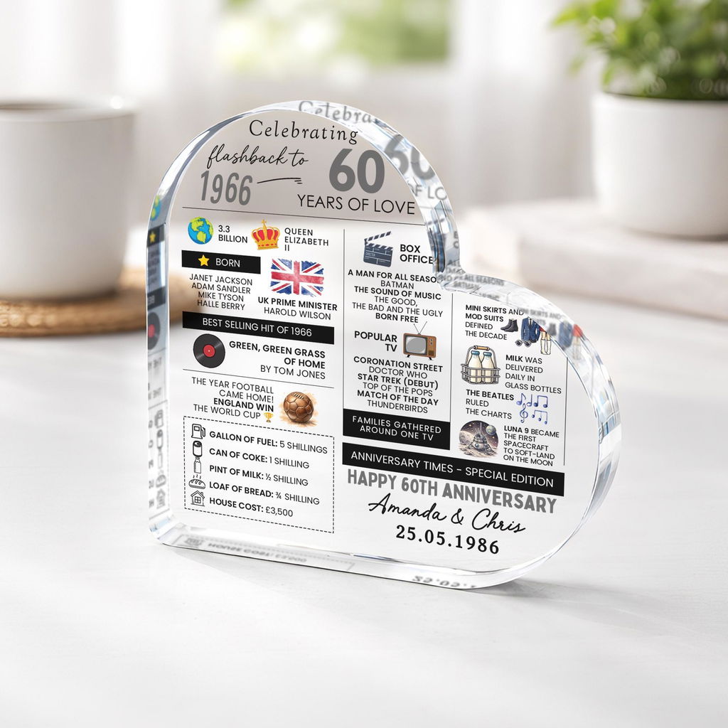 Personalised Marriage Facts 60th Anniversary Married in 1966 Heart Keepsake Plaque
