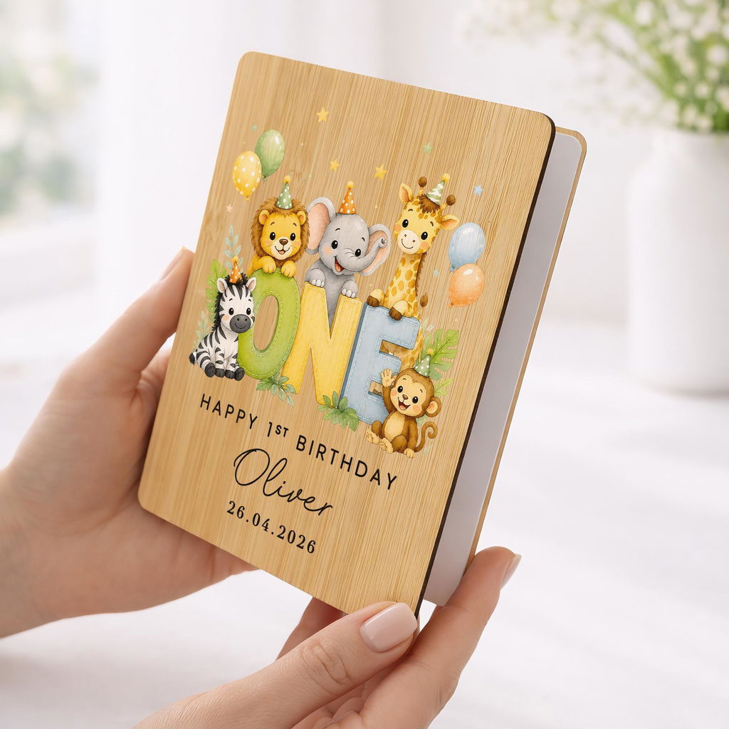 Personalised Keepsake Safari Animals 1st Birthday Card