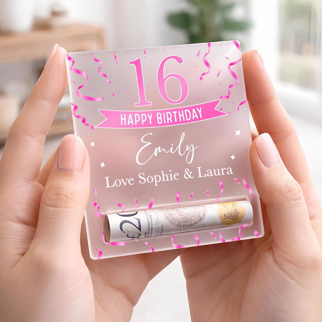Personalised 16th Birthday Gift Cash Money Holder Frosted Acrylic
