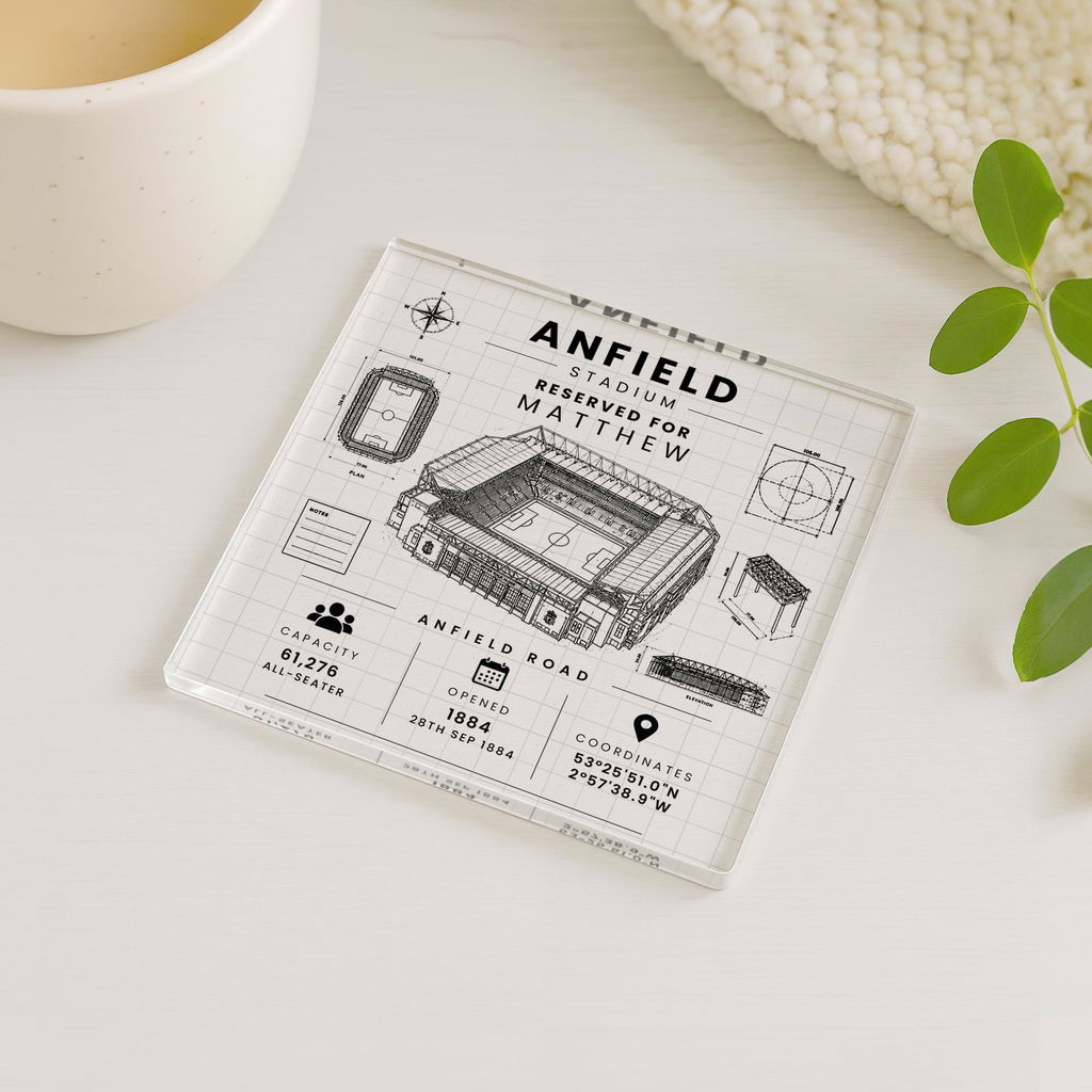 Personalised Liverpool Football Anfield Stadium Coaster Vintage Blueprint Theme