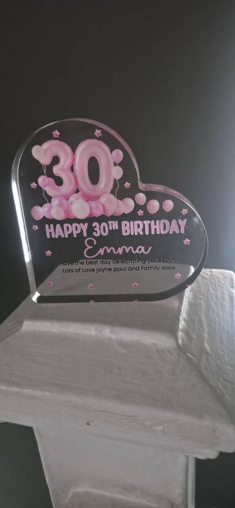 Personalised Pink 30th Birthday Balloon Gift Heart Plaque