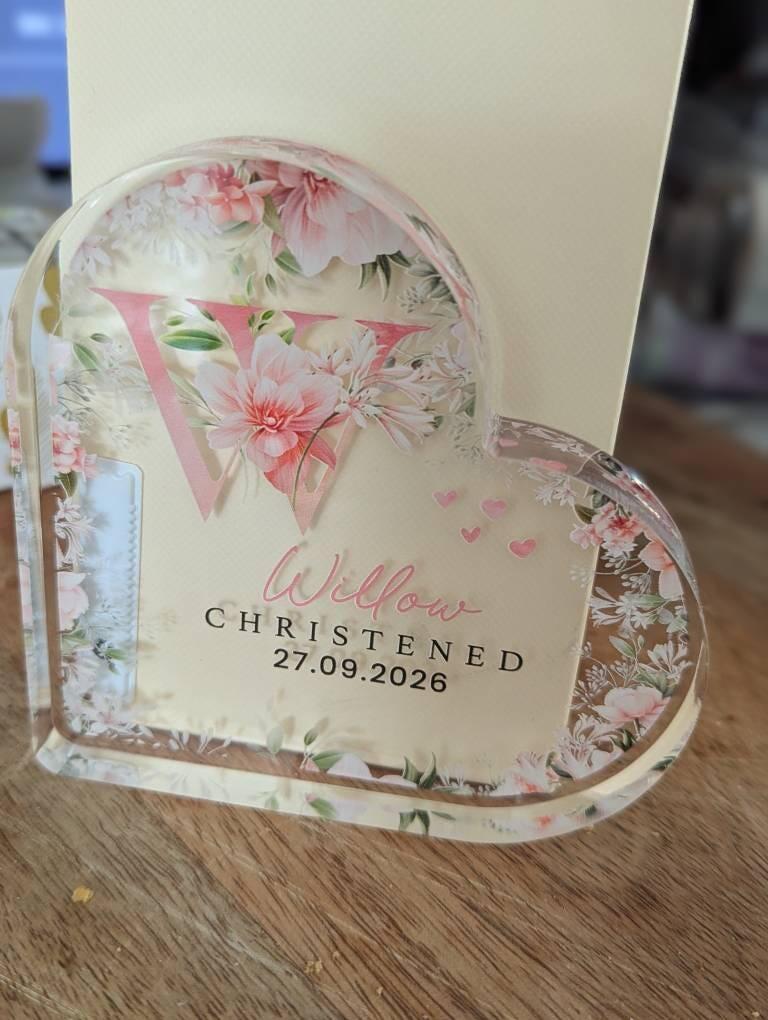 Personalised Floral Initial Christening Heart Plaque