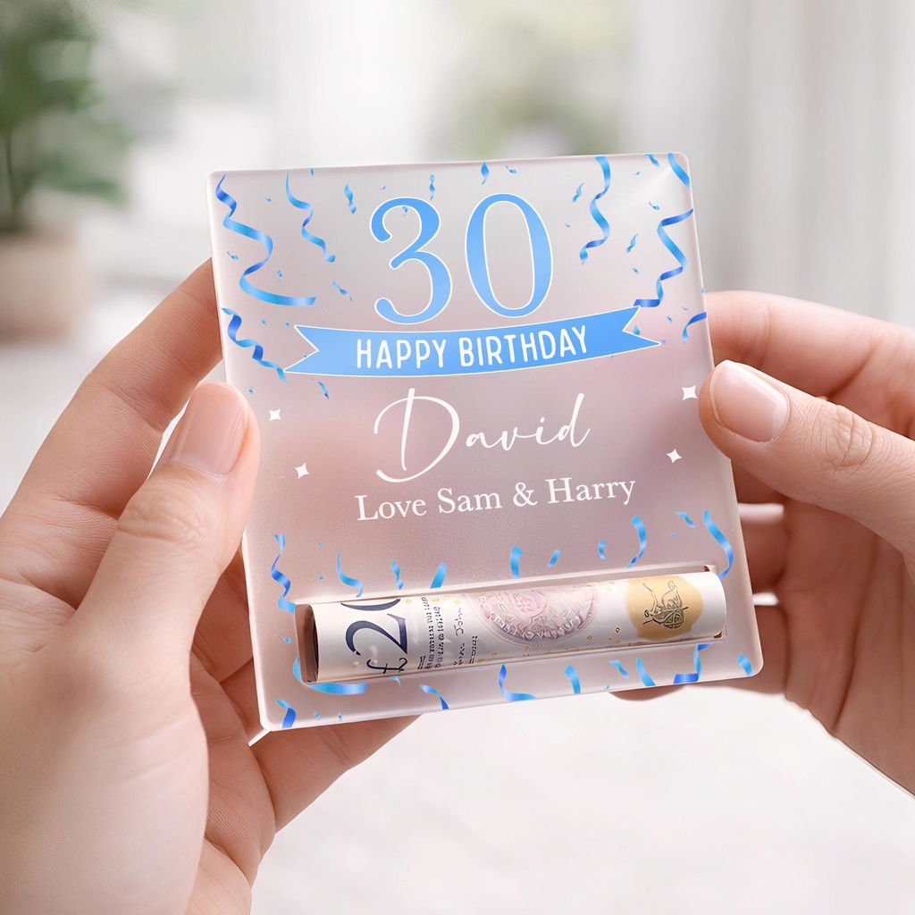 Personalised Blue Confetti Theme 30th Birthday Cash Money Holder Gift