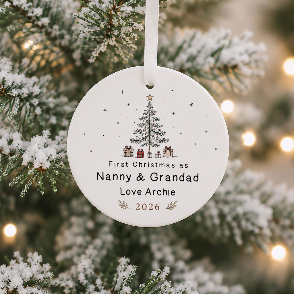 Personalised Cute Tree & Presents First Christmas as Nanny Bauble - Grandparents Auntie Uncle Mummy