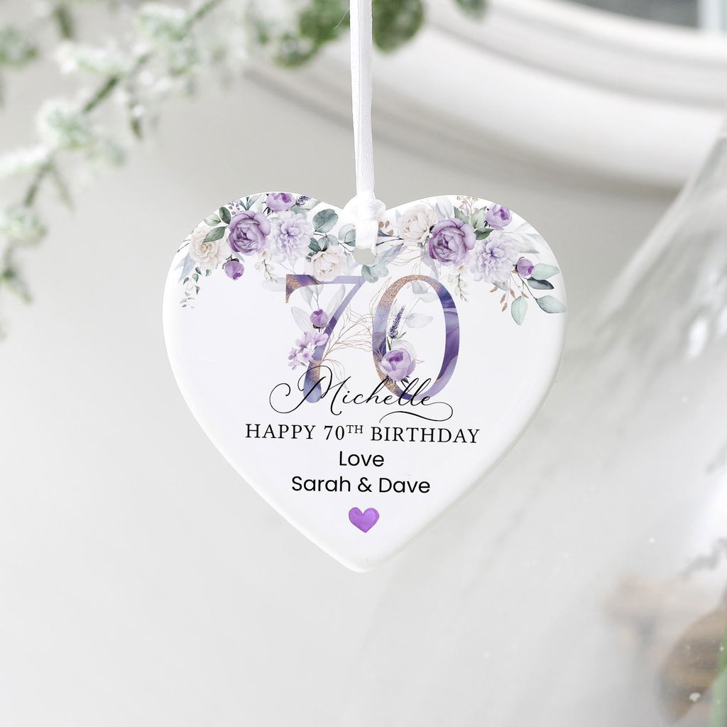 Personalised Purple Floral Happy 70th Birthday Heart Ceramic Keepsake