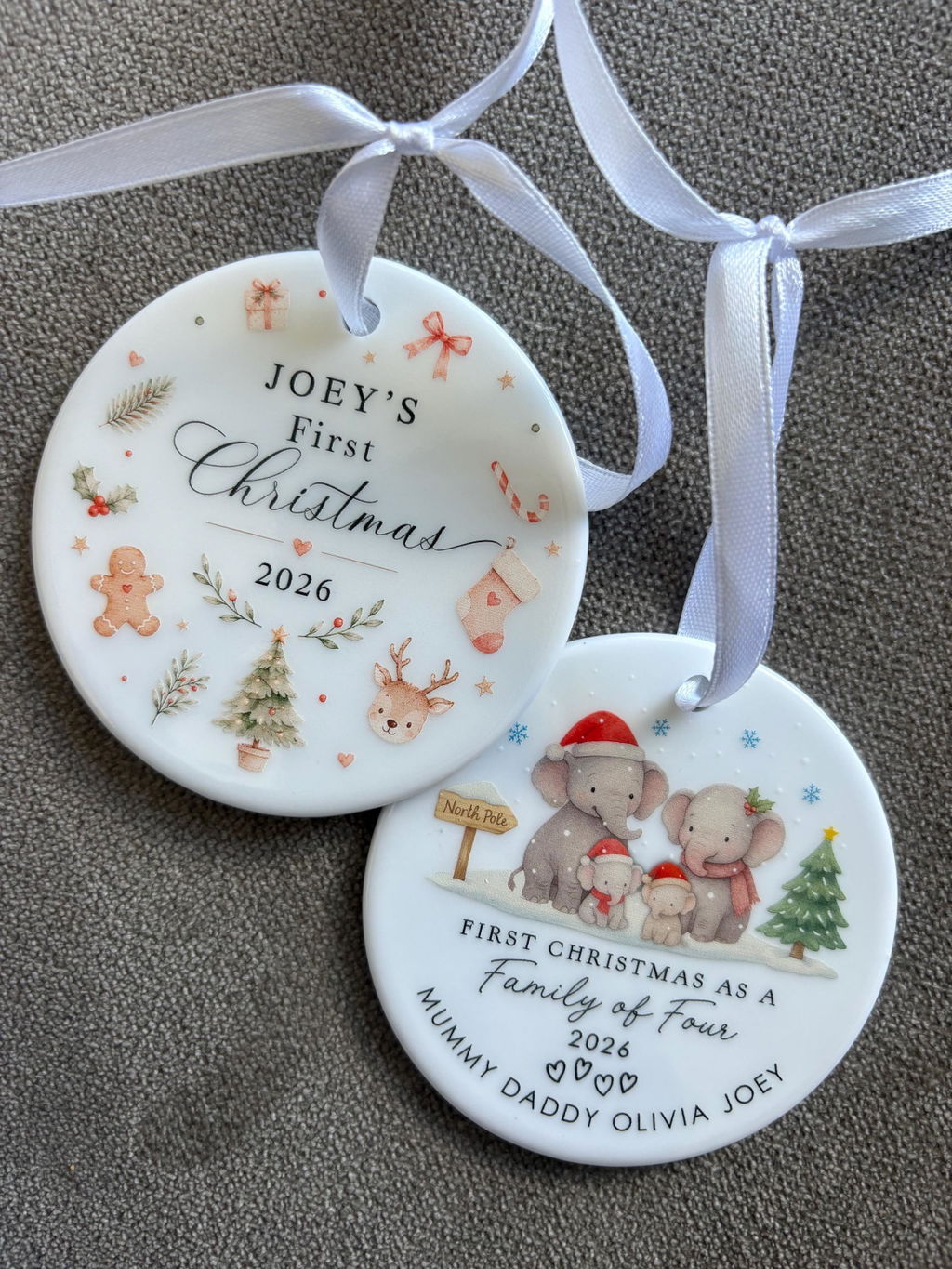 Personalised Elephant Family First Christmas as Family of 4 Bauble Ornament Keepsake Decoration