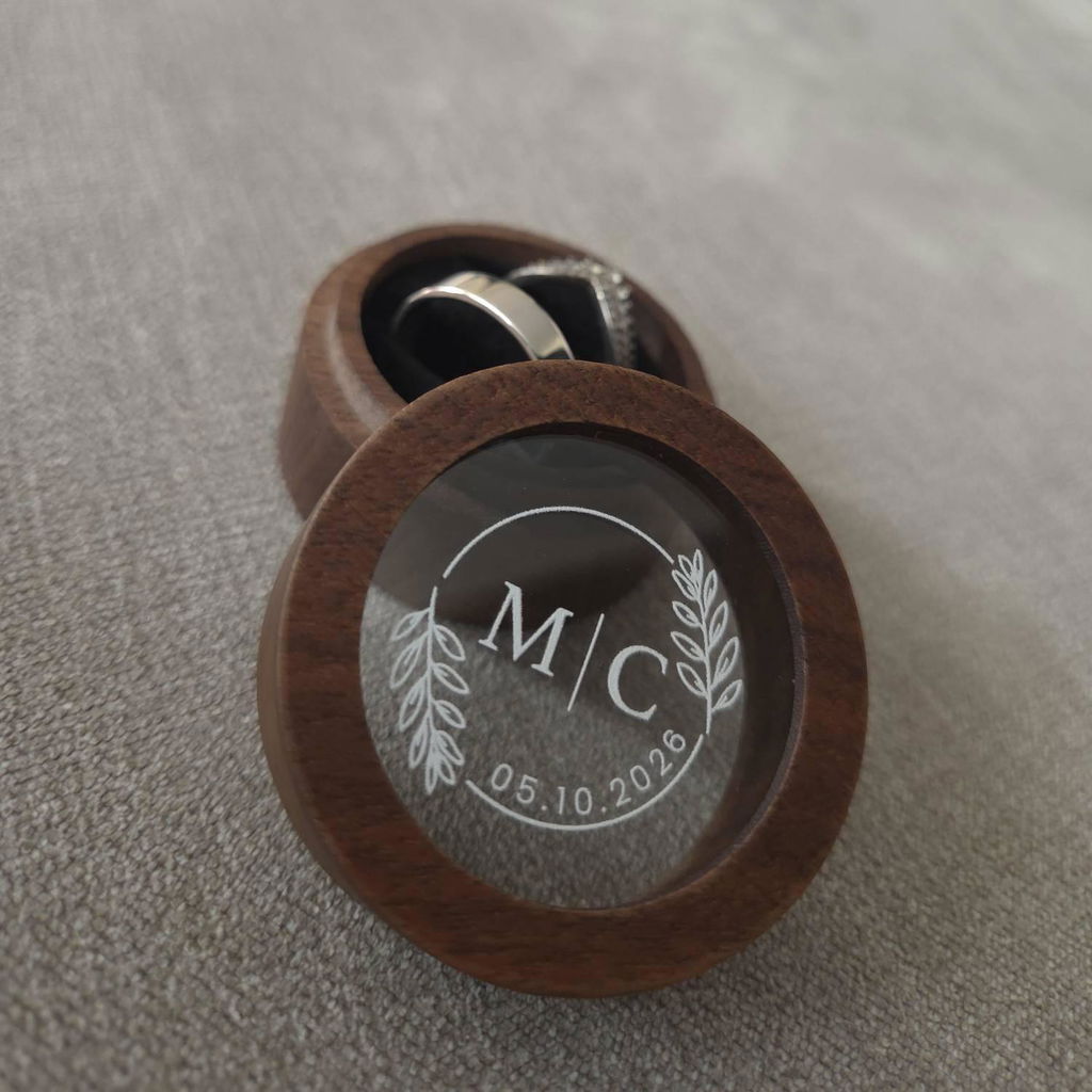 Personalised Round Walnut Engagement / Wedding Ring Box