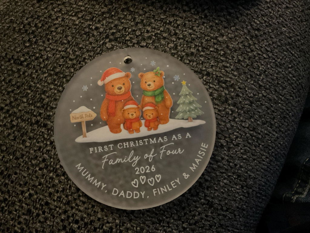 Personalised Baby Bear First Christmas as Family of 4 Ornament Tree Decoration Frosted Acrylic