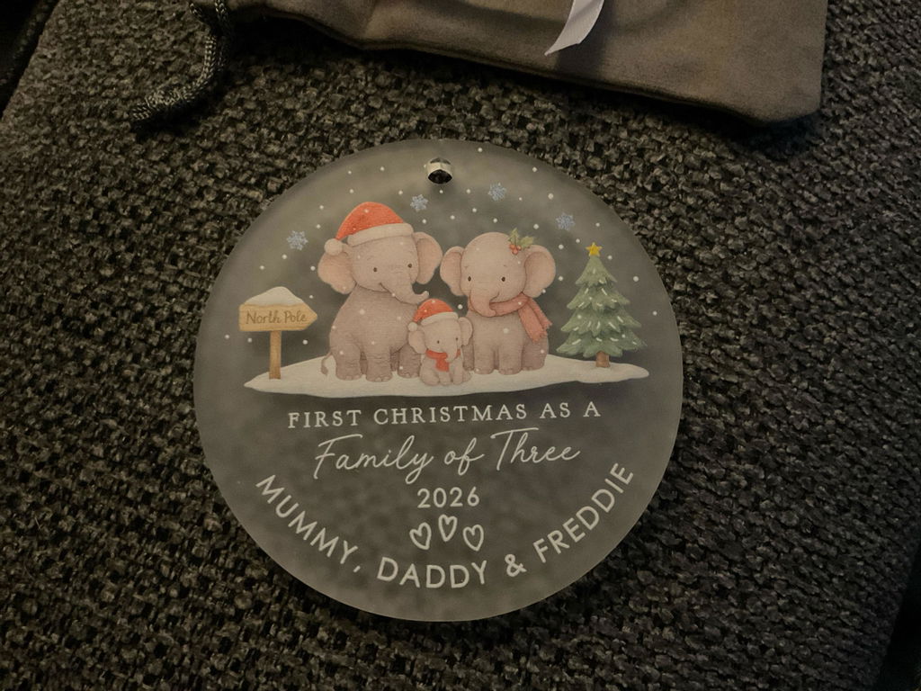 Personalised Frosted Acrylic Baby Elephant First Christmas as Family of 3 Bauble Keepsake Decoration