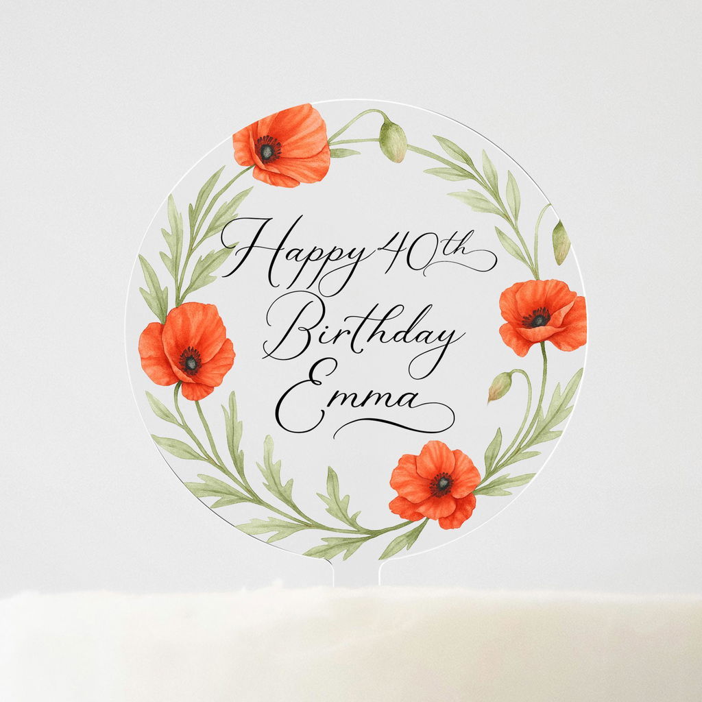 Personalised Red Poppy Flower Happy Birthday Cake Topper