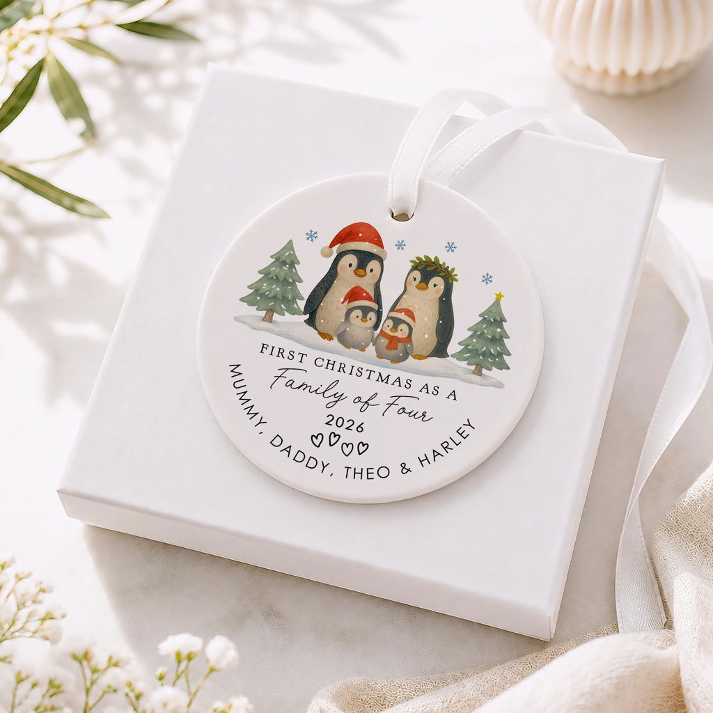 Personalised Baby Penguin First Christmas as Family of 4 Bauble