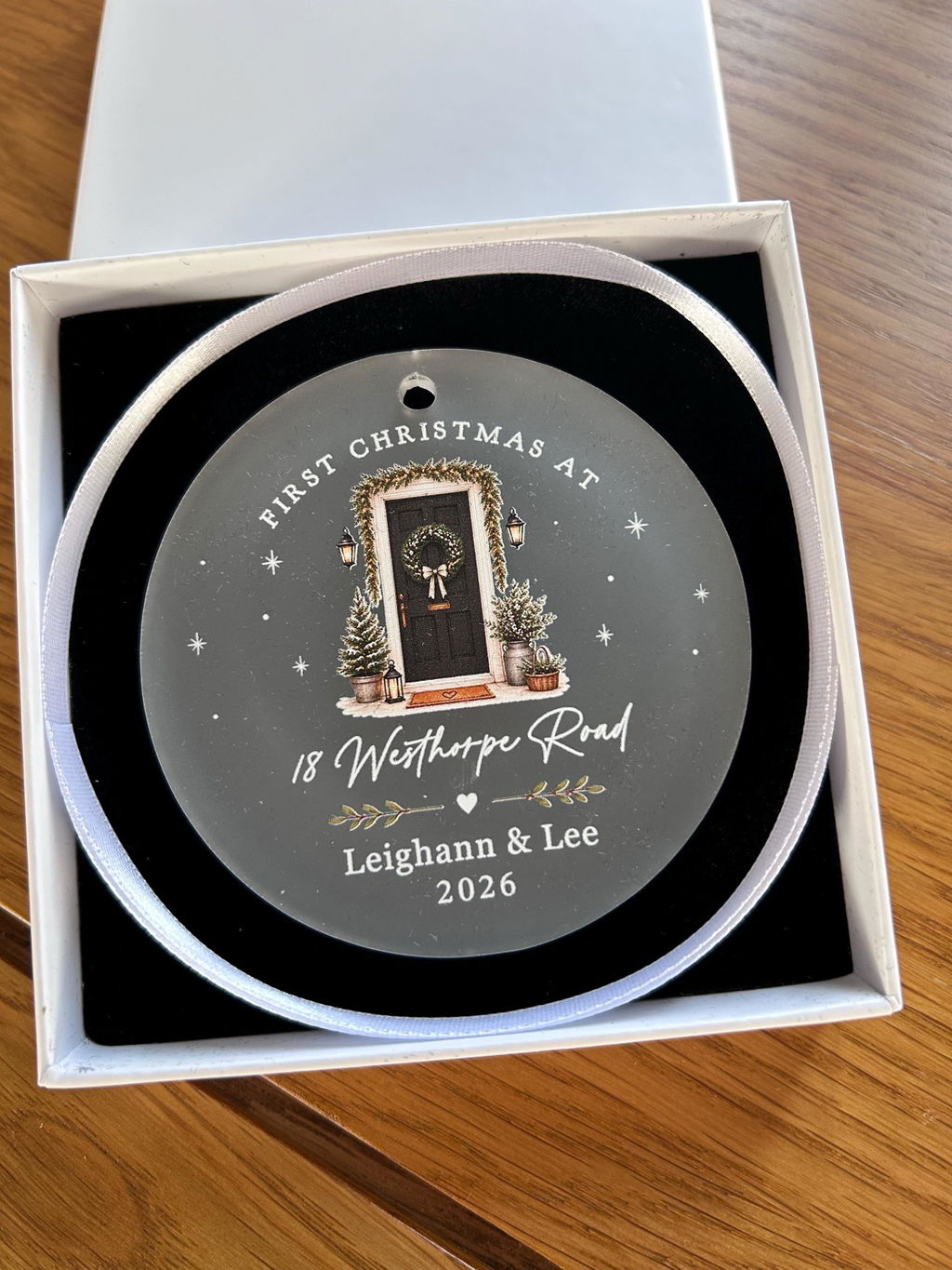 Personalised Road Name & Door First Christmas in New Home Frosted Decoration