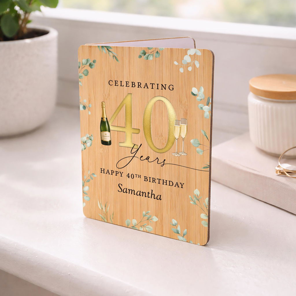Personalised 40th Birthday Wooden Card – Champagne Design