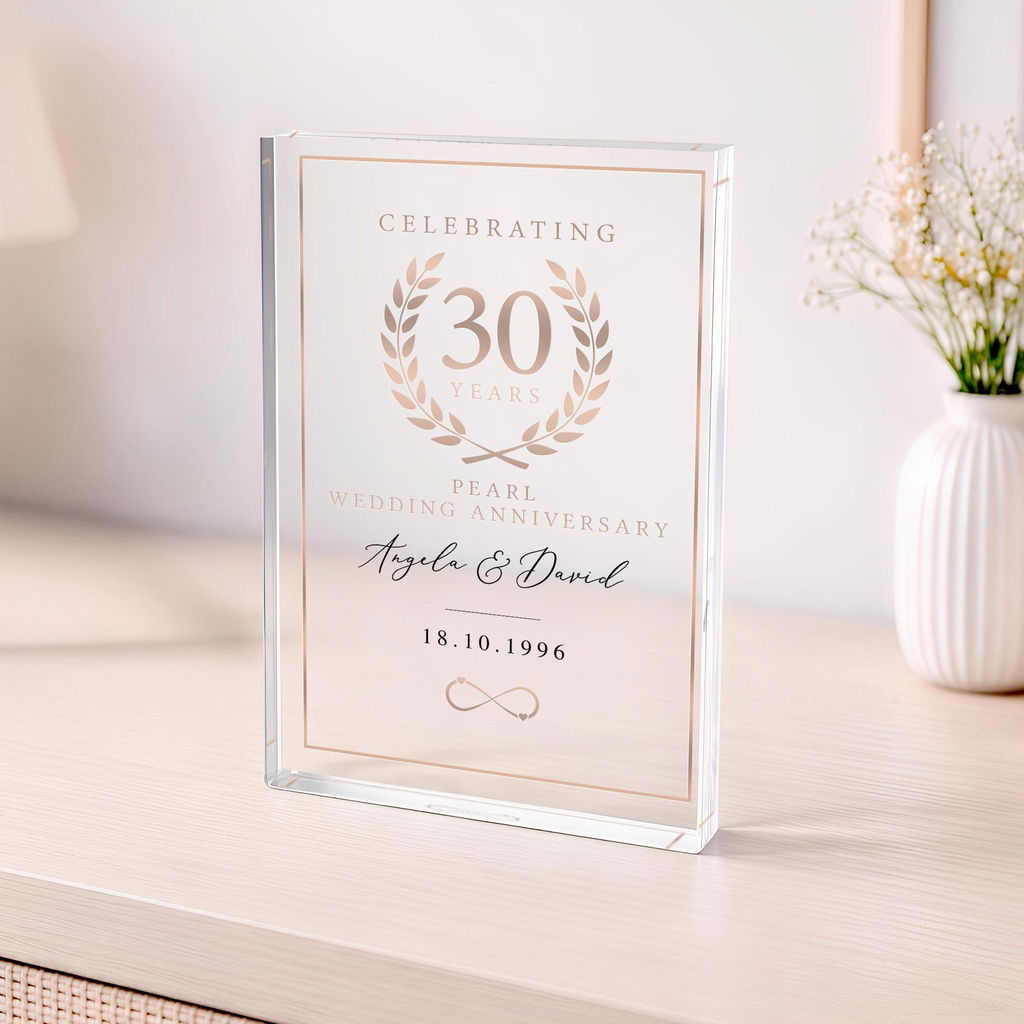 Personalised 30th Pearl Wedding Anniversary Gift Plaque Polished Clear Acrylic
